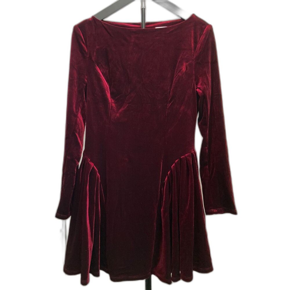 COMMENSE Burgundy Pleated Panel Velvet Long Sleeve Mini Dress - Size Medium